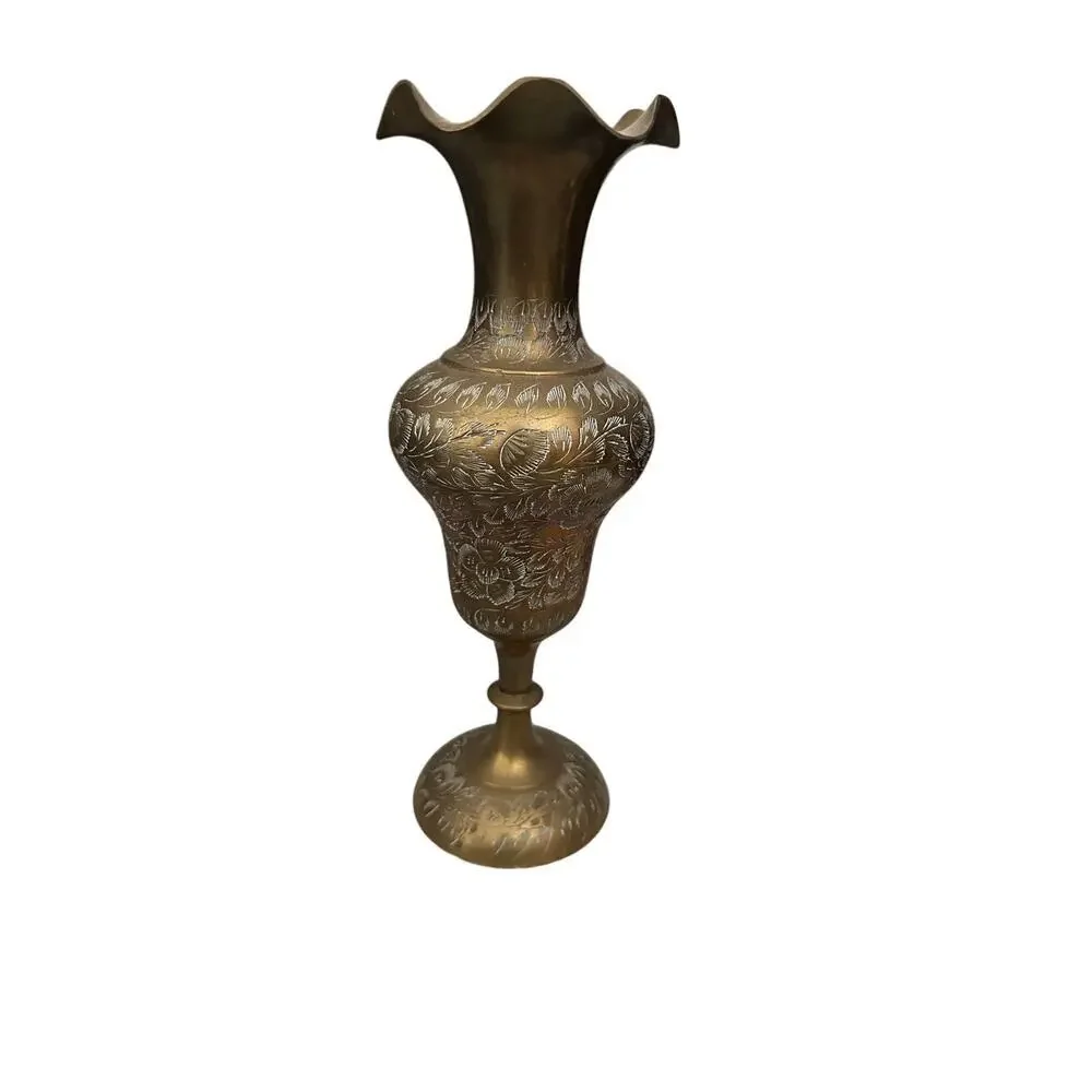 Vintage Solid Brass India Etched Diamond Cut Floral Vase